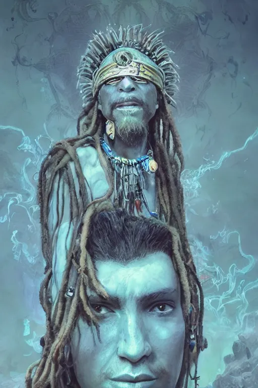 Image similar to a highly detailed epic cinematic concept art CG render digital painting artwork: psychedelic shaman with a trinket necklace and flowing dreadlocks levitating. By Greg Rutkowski, Ilya Kuvshinov, WLOP, Stanley Artgerm Lau, Ruan Jia and Fenghua Zhong, trending on ArtStation, subtle muted cinematic colors, made in Maya, Blender and Photoshop, octane render, excellent composition, cinematic atmosphere, dynamic dramatic cinematic lighting, precise correct anatomy, aesthetic, very inspirational, arthouse