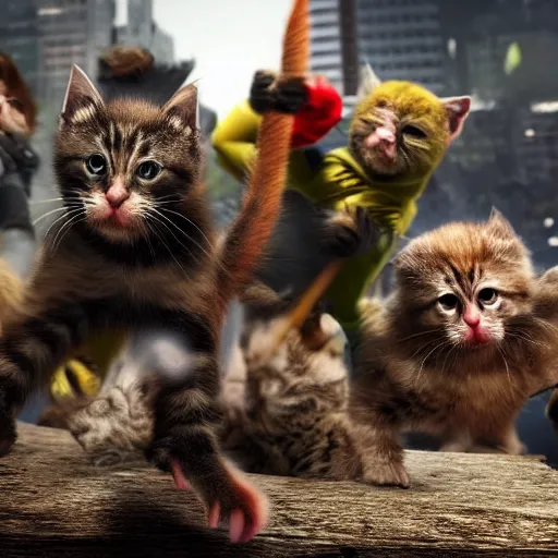 Image similar to a team of kitten superheroes fighting off a hoard of ninja monkeys, ultra realistic, cinematic, 8k, movie still