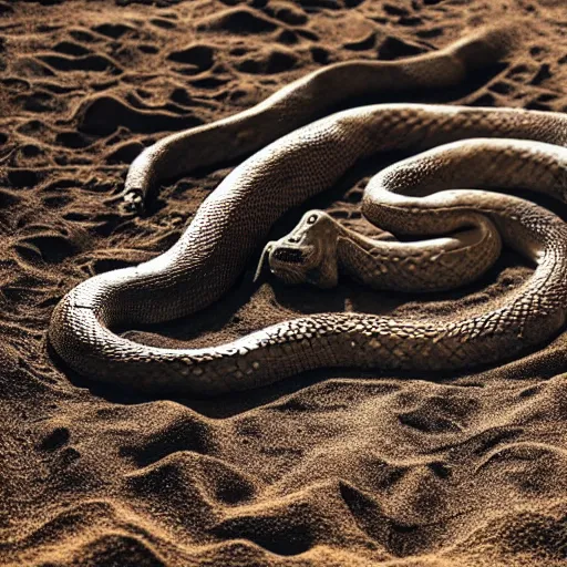 Image similar to huge snake squeezing a dead body inside the grave, dark colors, horror, realistic, sand and gravel