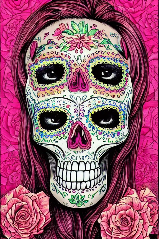 Prompt: Illustration of a sugar skull day of the dead girl, art by michael whelan