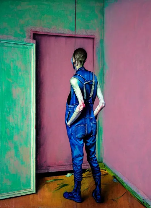 Image similar to an insane, skinny, artist wearing dirty, torn overalls, expressive painting the walls inside a grand messy studio, depth of field, hauntingly surreal, highly detailed painting by francis bacon, edward hopper, adrian ghenie, glenn brown, soft light 4 k in pink, green and blue colour palette, highly detailed, cinematic composition, unreal engine render,