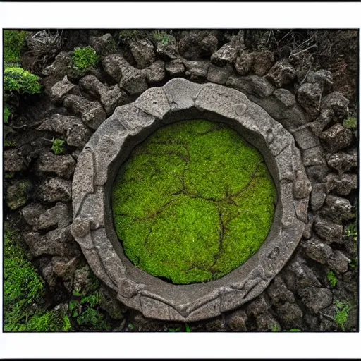 Image similar to stone stargate, mossy, portal to another world