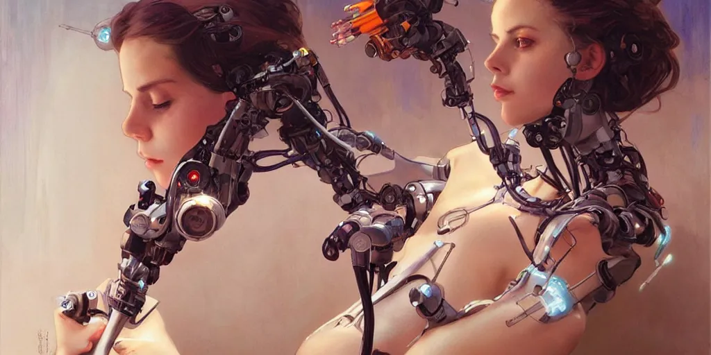 Image similar to female robot holding paintbrush, cybernetic paintbrush, robotic arm, incredibly detailed face, pretty face, true anatomy, art by artgerm and greg rutkowski and alphonse mucha