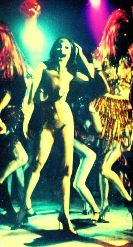 Image similar to the Antichrist dancing at Studio 54, disco, realistic, saturated color, ghosts in the background, high contrast, strobe lights, sparkles, depth of field, 1976, bad VHS