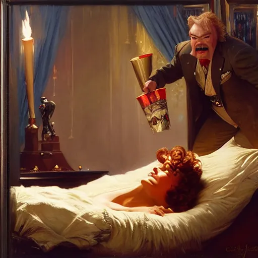 Prompt: burt reynolds is in his bed, nervous and terrified, because an evil rip taylor is throwing confetti from a bucket at him. highly detailed painting by gaston bussiere, j. c. leyendecker, greg rutkowski, craig mullins 8 k