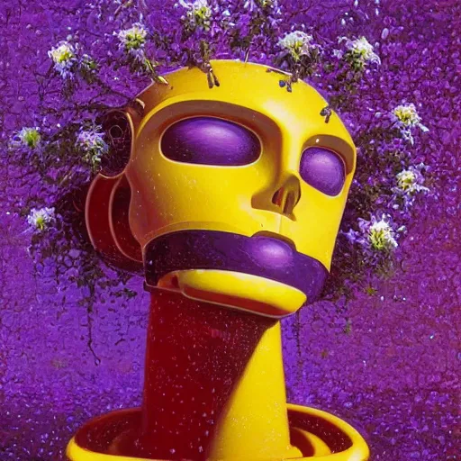 Prompt: a painting by tim hildebrandt of a white robot head with flowers growing out, highly detailed, color bleeding, pixel sorting, plain purple background, high contrast, bold composition, abstract paint color splotches