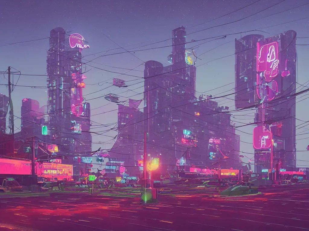 Image similar to tall futuristic buildings, billboards and neonsigns by night, stars and plantes by Yusei Uesugi and Simon Stålenhag