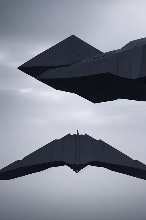 Prompt: professional landscape photograph of a large beautiful neo - futuristic matte symmetrical stealth bomber by joseph cross, denis villeneuve, emmanuel shiu, jeremy hanna, vapor, stunning cinematic architectural scale, dramatic, volumetric, concept art, hard surface, hyperrealism, very high detail, trending on artstation, sharp focus, rendered in octane