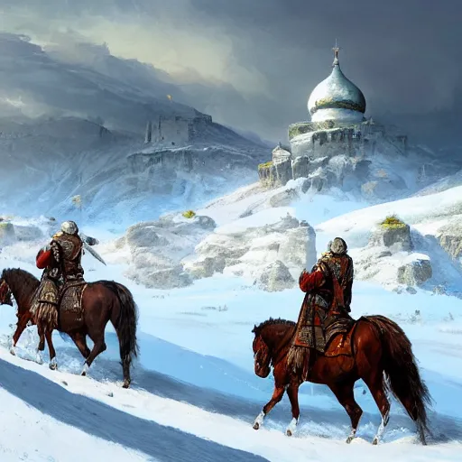 Prompt: Landscape of snowy mountains where we can perceive in the distance two ancient roman centurions on horses crossing the snow, distant imperial russian citadel with black domes and spires, snow storm, highly detailed, digital painting, artstation, concept art, illustration, art by Bayard Wu and Marc Simonetti and Diego Gisbert Llorens