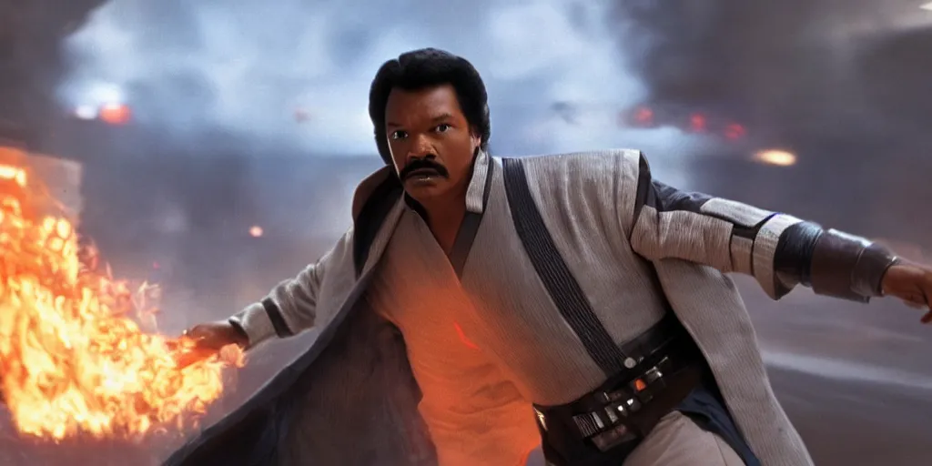 Prompt: lando calrissian played by photo real billy dee williams 1 9 8 3, motion blur runs through massive battlefront, mcu style, explosions, fire, real life, spotted, ultra realistic face, accurate, 4 k, movie still, uhd, sharp, detailed, cinematic, render, modern