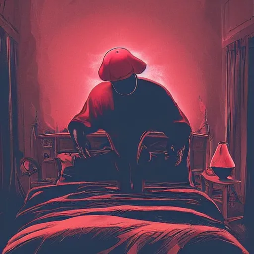 Image similar to big black demon shadow figure standing behind someone making the bed wearing a red basketball cap, nightmare digital art, artstation, ultra detailed, beautiful aesthetic art