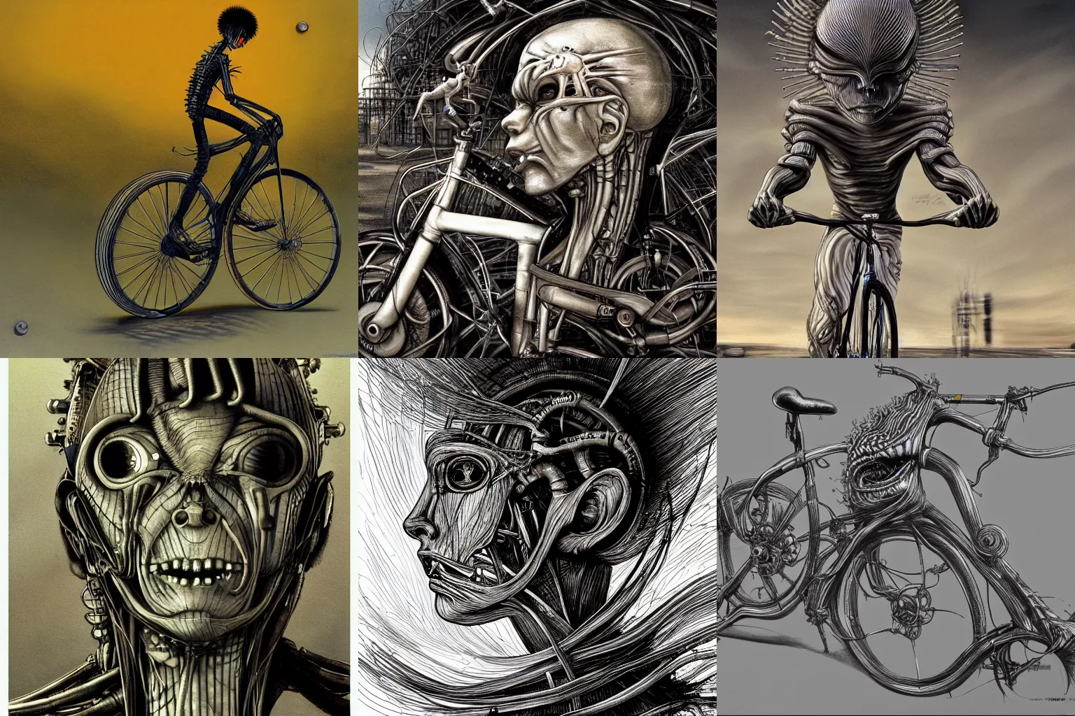 Prompt: boy on a bicycle Yoshitaka Amano, HR Giger, biomechanics, portrait in profile, 4k, wide angle, over-detailed, hyperrealism, anime