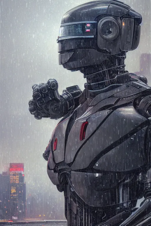 Prompt: Robocop portrait, rainy Detroit by Stanley Artgerm Lau, greg rutkowski, thomas kindkade, alphonse mucha, loish, norman Rockwell