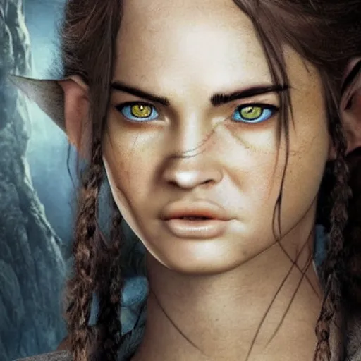 Prompt: a female hobbit that looks like megan fox