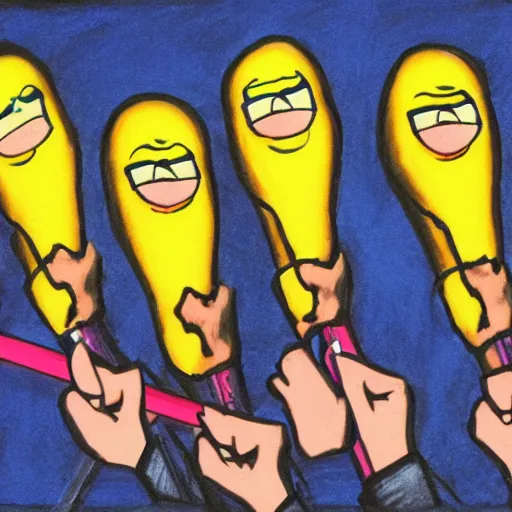 Image similar to 8 0 s punk rock band holding banana microphone, with banana costumed background singers, concert photo, getty images, pencil drawing