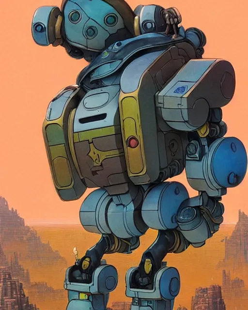 Image similar to bastion the friendly robot from overwatch, with his pet bird, character portrait, portrait, close up, concept art, intricate details, highly detailed, vintage sci - fi poster, retro future, in the style of chris foss, rodger dean, moebius, michael whelan, katsuhiro otomo, and gustave dore