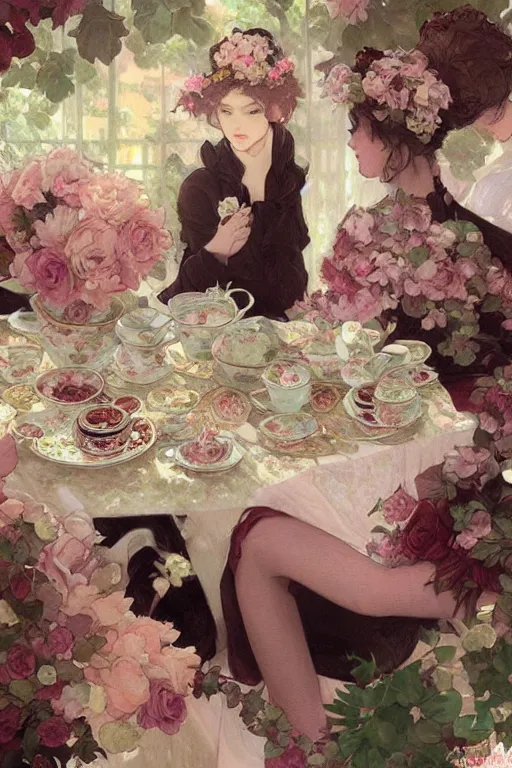 Image similar to a beautiful painting of afternoon tea, rose, black tea, highly detailed, shimmering and prismatic, rococo, by krenz cushart and mucha and monet, trending on artstation.