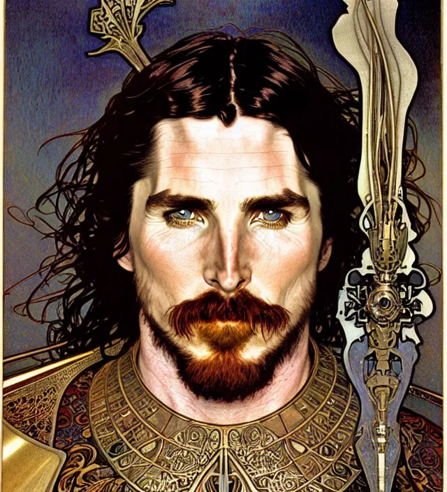 Prompt: realistic detailed face portrait of christian bale in knight's armor by alphonse mucha, ayami kojima, amano, greg hildebrandt, mark brooks, and ernst haeckel, male, golden ratio, face in focus, art nouveau, neo - gothic, gothic, neoclassical,