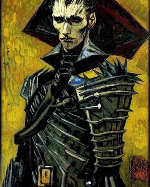 Image similar to portrait of a skinny punk goth vincent van gogh wearing armor by simon bisley, john blance, frank frazetta, fantasy, thief warrior