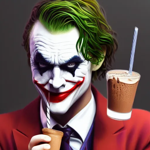Image similar to Joker drinking a chocolate milkshake, hyperdetailed, artstation, cgsociety, 8k