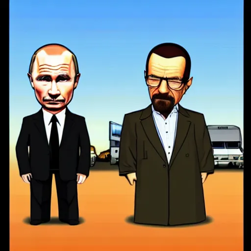 Image similar to walter white and vladimir putin in the style of a gta loading screen