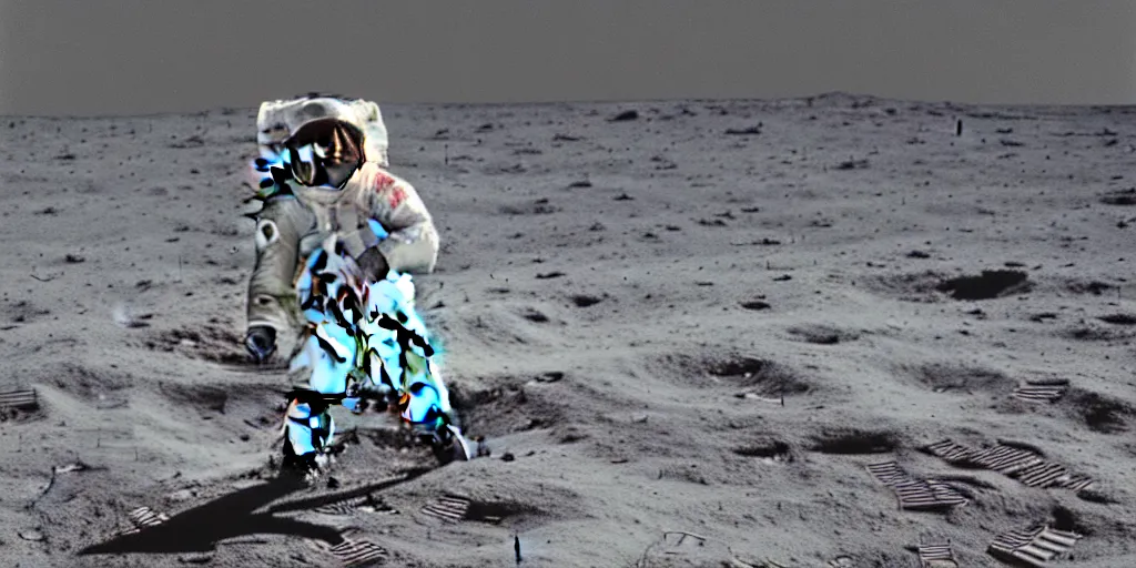 Image similar to polaroid photo of spaceman landing on the moon