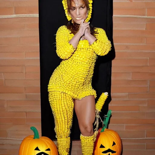 Image similar to full body photo of jennifer lopez, she is wearing a funny kid's hallowen costume of corn on a cob, studio lighting, corn on a cob is everywhere