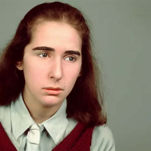 Image similar to a portrait photo of 20 year old female Larry David, with a sad expression, looking forward