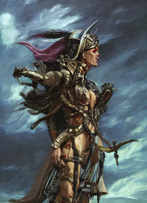 Image similar to dynamic! middle portrait of a biblical diabolical pirate female pharaoh, stylish cyborg armor, on a pirate ship, in clouds, strong studio lights, thunder, storm, sunset, by gerald brom, by mikhail vrubel, by peter elson, high contrast, muted colors, extreme detail, mirrors, trending on artstation, 8 k