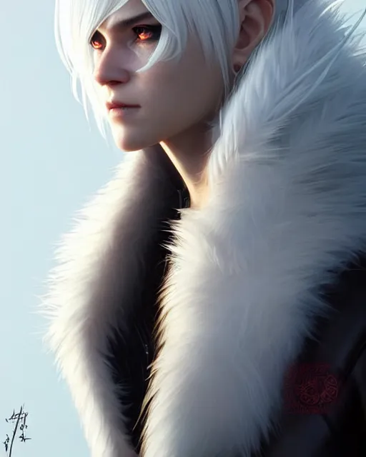 Image similar to dragon hunter wearing a fur - lined dragonhide jacket!!! beautiful and elegant white hair female!! symmetry, character concept art, sharp focus, illustration, artgerm!! greg rutkowski! wlop!! ilya kuvshinov!! charlie bowater! octane render, unreal engine 5! highly rendered!!