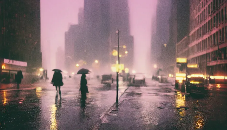 Image similar to street of new york, photography, night, rain, mist, a girl with pink hair, cinestill 8 0 0 t, in the style of william eggleston