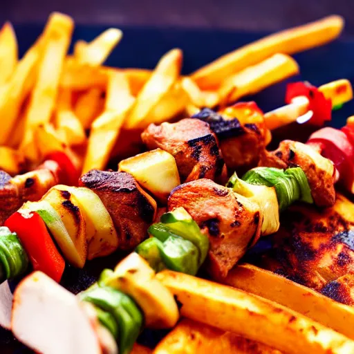 Image similar to a delicious looking kebab with fries,close up shot,high definition