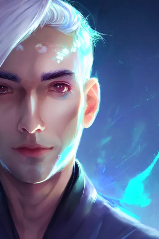 Prompt: character design, a handsome doctor with silver hair and a mixed face, blurred environment background, colorful magic effects, white skin, portrait, male, clothed, sharp focus, digital art, concept art, trending on artstation, dynamic lighting, by emylie boivin and rossdraws