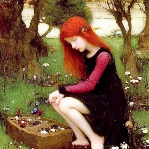 Image similar to fairy garden, beautiful, magical, young girls, ginger haired sweet girl, black haired goth girl, john william waterhouse, ethereal