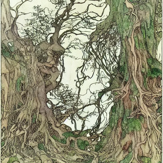 Image similar to a detailed, intricate watercolor and ink portrait illustration with fine lines, of a forest of gnarled trees and mossy ground, by arthur rackham and edmund dulac and ted nutall and mucha