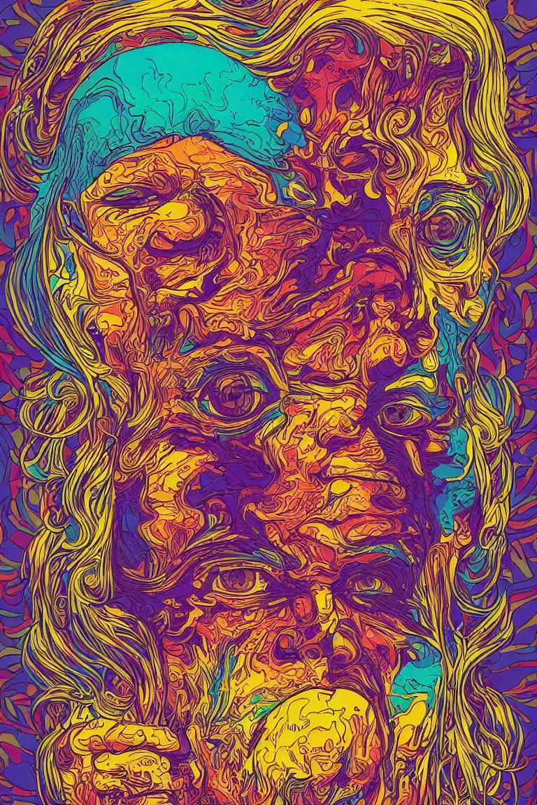 Prompt: beautiful colorful hyperrealist highly detailed psychedelic music poster'the floating head of patton oswalt ', psychedelic art nouveau, beautiful high contrast colored wood engraving, moebius comic style, shocking detail trending on artstation 8 k