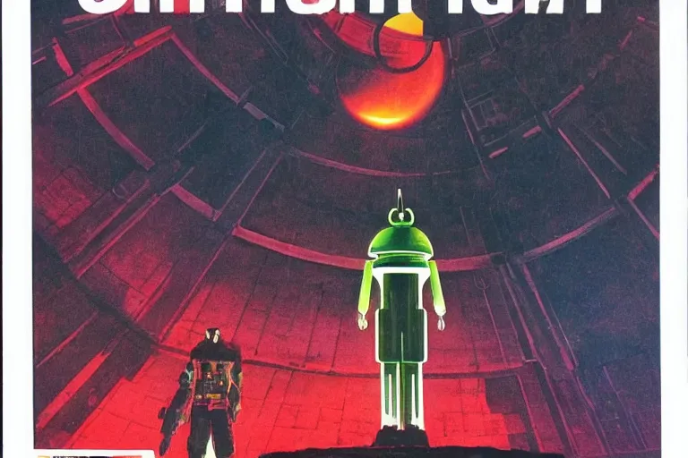 Image similar to 1979 OMNI Magazine Cover depicting an android Goliath standing in a coliseum. Cyberpunk Akira style by Vincent Di Fate