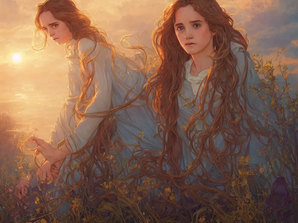 Prompt: hermione granger with hogwarts as background at sunset, highly detailed, gold filigree, romantic storybook fantasy, soft cinematic lighting, award, disney concept art watercolor illustration by mandy jurgens and alphonse mucha and alena aenami, pastel color palette, featured on artstation