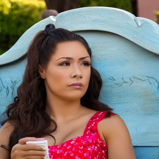 Prompt: beautiful latina female disneyland cast member waiting impatiently on a bench, highly detailed, high resolution, ultra realistic