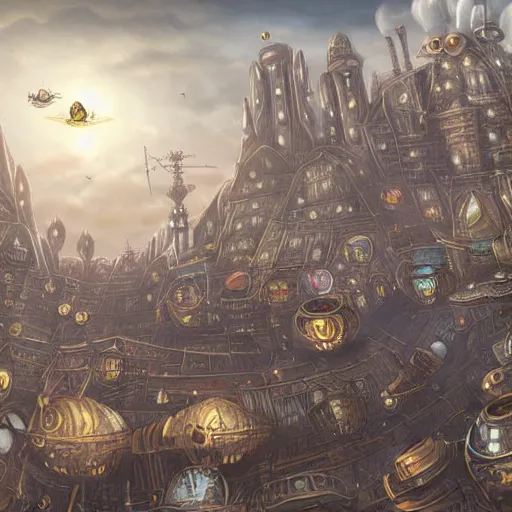 Prompt: flying egg - shaped steampunk city, fantasy art, sky in the background, detailed, behrens style
