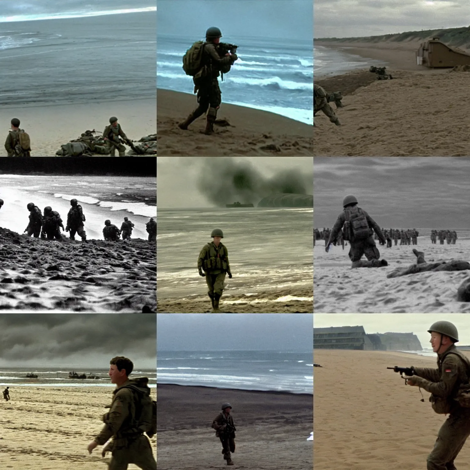 Prompt: Movie still of Mark Zuckerberg taking cover on Omaha Beach in Saving Private Ryan, establishing shot