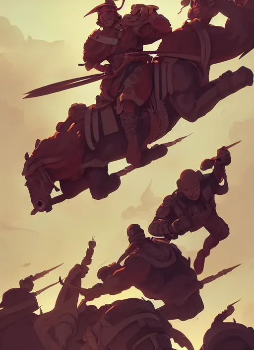 Prompt: aerial view of cavalry rushing into an enemy army, heroic, glorious, in the style of artgerm, gerald brom, atey ghailan and mike mignola, vibrant colors and hard shadows and strong rim light, plain background, comic cover art, trending on artstation