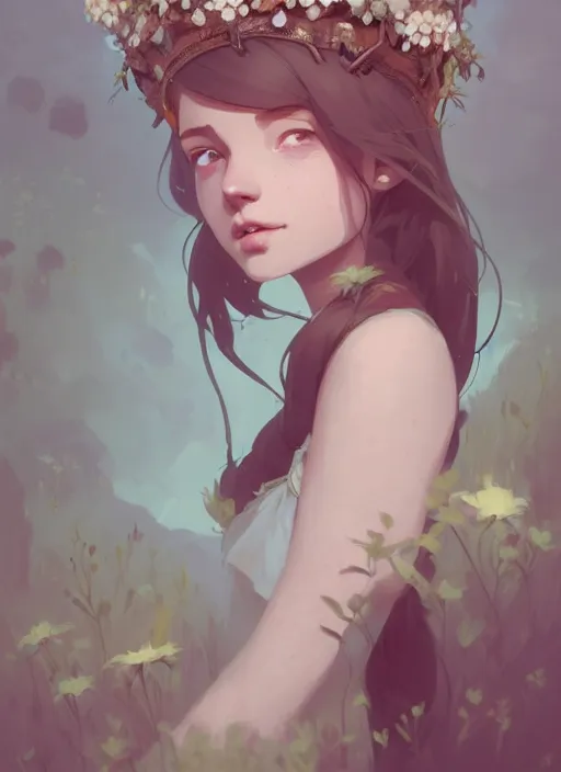 Prompt: portrait of cute nymph girl with crown of flowers, fantasy, by atey ghailan, by greg rutkowski, by greg tocchini, by james gilleard, by joe gb fenton, by in kaethe butcher, dynamic lighting, gradient light blue, brown, blonde cream and white color in scheme, grunge aesthetic