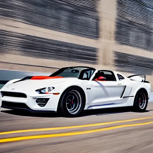 Prompt: a 1 9 6 7 ford mustang fastback mixed with a 2 0 1 5 porsche 9 1 8 spyder, professional photography, wide - angle