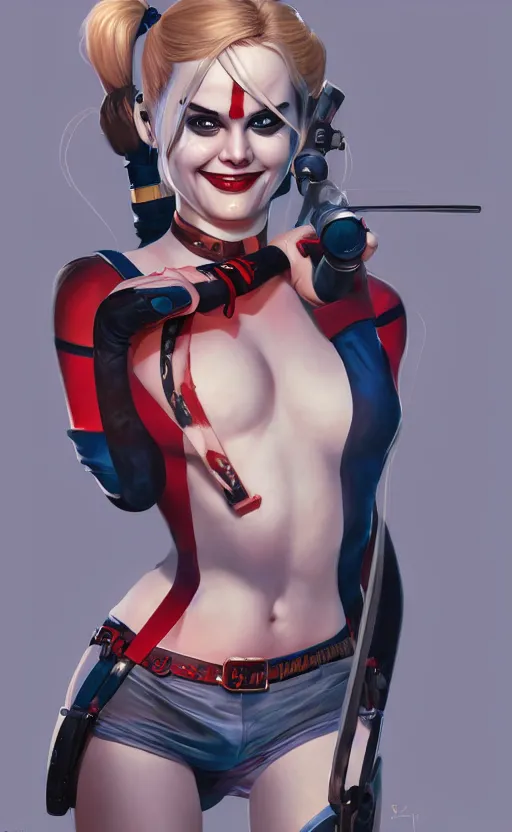 Prompt: Harley Quinn, highly detailed, digital painting, artstation, standing, facing camera, concept art, smooth, sharp focus, illustration, art by artgerm and alphonse mucha, high definition digital art, dramatic lighting, in the style of ilya kuvshinov and Ross tran