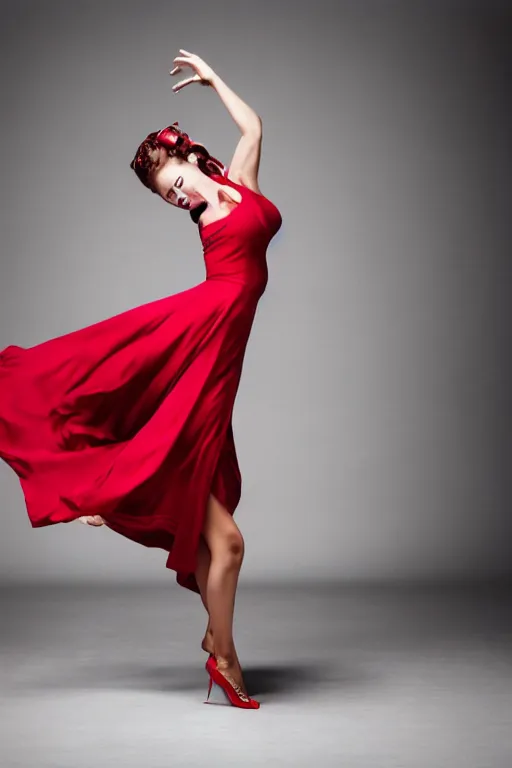 Prompt: woman dancing in a crimson summer dress, fashion magazine, elegant, dynamic movement, photorealistic camera shot, bright studio setting, studio lighting, crisp quality and light reflections