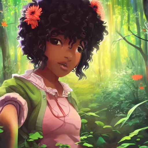 Image similar to A brown girl with black curly hair in a colorful forest, anime, highly detailed, artstation, 8k,