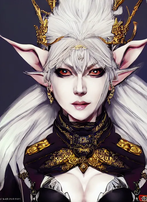 Prompt: portrait of a sadistic old blonde elf in ornate royal attire. in style of yoji shinkawa and hyung - tae kim, trending on artstation, dark fantasy, great composition, concept art, highly detailed, dynamic pose, vibrant colours.