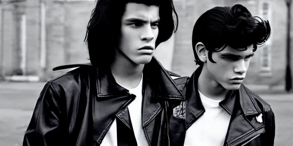 Image similar to a young thug like male teen wearing a black leather jacket has long black hair, 6 0 s era, film still, anamorphic lens, inspired by the outsiders