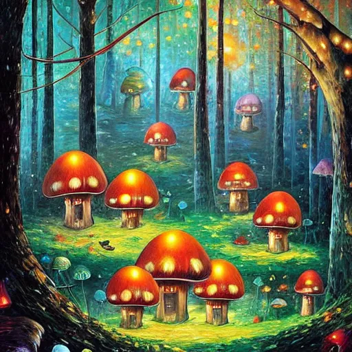Image similar to glowing mushroom houses in a forest village, art by ricardo bofill, james christensen, rob gonsalves, paul lehr, leonid afremov and tim white